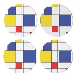 Mondrian Style, Joyride Home Decor, 4 Ceramic Coasters, 4-inch Circle Drink Coasters, Set of 4, Non-Slip Cork Back, Protects Surfaces, Express Your Style.