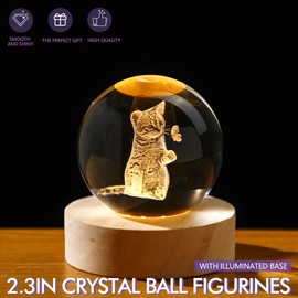 LOULIQIGIFT 2.3in Crystal Ball 3D Glass Engraved Cat Decorative Night Light with Wooden Light Base for Cat Lovers