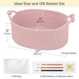BOSROTY Baby Gift Baskets Empty with Handle, Small Woven Basket with Gift Bags and Ribbons, Decorative Organizer Box for Baby Pet Toy, 30.5 x 20 x 13 CM, Dusty Pink