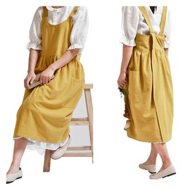 (One Size, Yellow) - ZI TENG Cotton and Linen Apron Fashion Adjustable Bib Chef Apron, Fashion Coffee Shop Waist Kitchen Aprons & Women Apron for Cooking,Maid Apron Baking, Gardening 80cm X 110cm