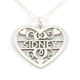 AJ's Collection Sterling Silver Fancy Heart Initial and Name Necklace. Choice of 925, 14k Gold Plate, or Rose Gold Plate Over Sterling Silver