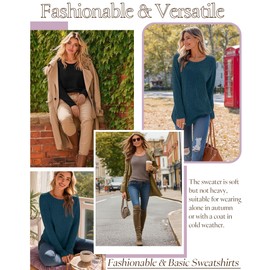 Ficerd 3 Pack Women's Curved Hem Long Sleeve Sweaters, Side Split Crew Neck Tunic Tops Loose Fit Shirts Basic Pullover(Peacock Blue, Coffee, Black,Large)