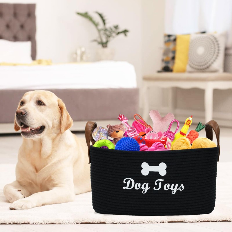 Geyecete X-Large Cotton Rope Dog Basket with Leather handle Blanket