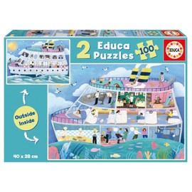 Educa - Set of 2 Jigsaw Puzzles for Kids with 100 Pieces Full of External Details and Internal | Boat Outside/Inside. Dimensions: 40 x 28 cm. Recommended for ages 6 and up (19958)