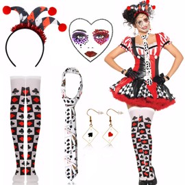Johiux Queen of Hearts Costume, Carnival Costume Women, Playing Cards Spades and Heart Earrings, Magic Playing Cards Tie, Joker Headband Face Rhinestone Women's Mardi Gras Make Up Accessory for Mardi