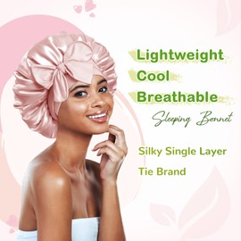 BONNET QUEEN Silk Bonnet for Sleeping Women Satin Bonnet Night Sleep Cap Wrap for Curly Hair with Adjustable Tie Band, Single Layer, Cream Pink