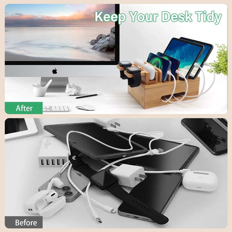Bamboo Charging Station for Multiple Devices, Desktop Organizer Docking Station,