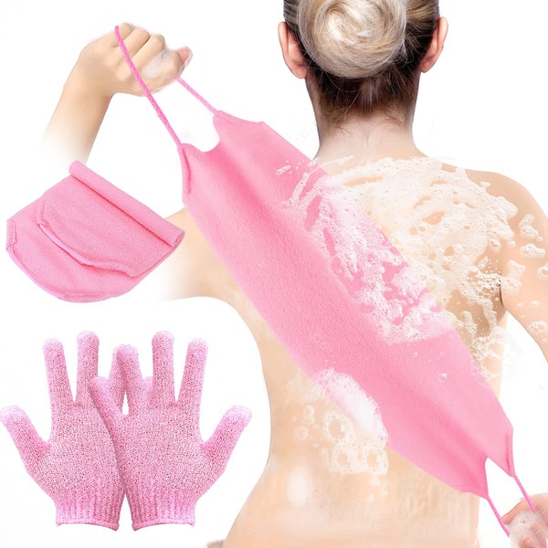 3-Pack Exfoliating Gloves Back Exfoliating Towel Back Washer for Shower Back Scrubber for Shower Skin Washcloth Body Exfoliator Set for Women Men, Pink