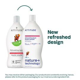 ATTITUDE ATTITUDE Dishwashing Liquid, EWG Verified, Vegan Dish Soap, Plant Based, Naturally Derived Products, Pink Grapefruit, 23.7 Fl Oz