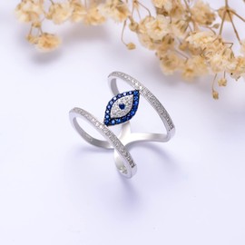 PEIMKO Sterling Silver Evil Eye Ring, Double Band, Size 7, Round, Blue Evil Eye Protection Ring for Women