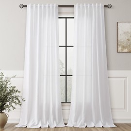 SMABU Linen Blend White Living Room Curtains 96 Inch Length Rustic Farmhouse Style Cotton Texture Curtain Beach Decor Airy Privacy Semi Sheer Light Filtering Drapes 96 Inches Long 2 Panels 8ft
