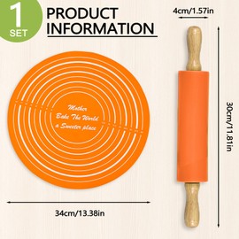 BangBoom Silicone Rolling Pin Backing Mat Set, 13" Dough Roller with Non Stick Pastry Sheet, Small Fondant Roller Round Kneading Mat for Bread Cookie Pie Pizza Sourdough Kitchen (Orange)
