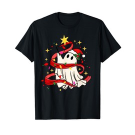 Ghost Christmas Tree Santa Spooky Spirit with Santa Hat T-Shirt