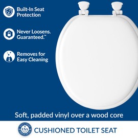 Mayfair Padded Toilet Seat, Cushioned Soft Vinyl over Wood Core Seat, Secure Hinges, Easy Clean, Made in USA, Round, White