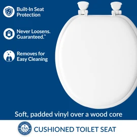 Mayfair Padded Toilet Seat, Cushioned Soft Vinyl over Wood Core Seat, Secure Hinges, Easy Clean, Made in USA, Round, White