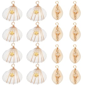 SUNNYCLUE 1 Box 20pcs 2 Styles Spiral Shell Charm Cowrie Charm Gold White Conch Oval Seashell Star Pendants Bulk With Loop Bails for Jewellery Making Women Wedding Earrings Necklaces Decorations Gifts
