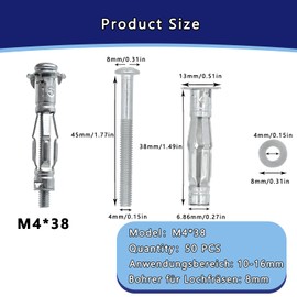 DAIRYCOF 50 Stück Hohlraumdübel Metall verzinkt Hohlwanddübel M4x38mm Expansion Nuts Hohlraumdübel Dünne Befestigungen für Befestigungen in Gipskartonplatten (50, M4*38mm)