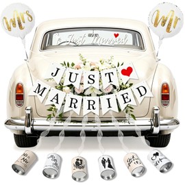 Decorazioni per auto da matrimonio, set decorativo da matrimonio “Just Married” da 13 pezzi, barattoli di latta per auto, striscione “Just Married”