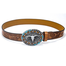 Western Cowgirl Belts for Women Men, Turquoise Buckle Embossed PU Leather Belt for Jeans Pants