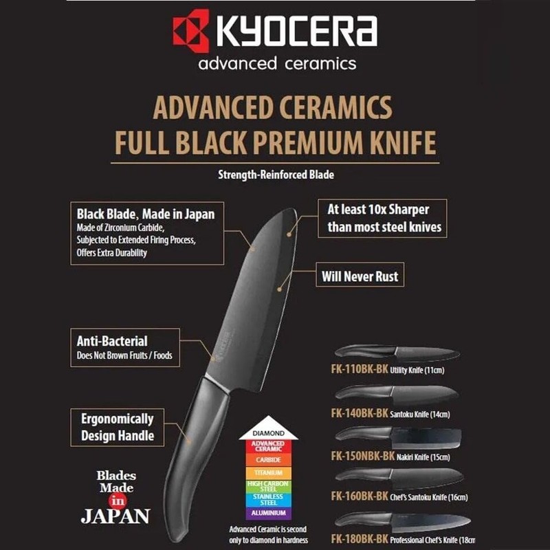 Kyocera Advanced Ceramic Revolution Series 6-inch, Chef's Santoku Knife, Black