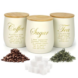 EQEY Coffee Tea Sugar Container Set of 3,Farmhouse Storage Containers Jars,Airtight Metal Kitchen Canister Set with Bamboo Lids for Kitchen Counter Dining Room (Metal, 1)