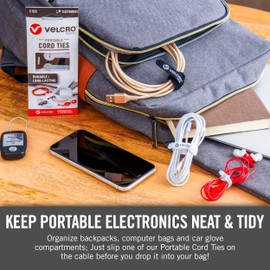 VELCRO Brand Portable Cord Organizer Ties | Organize Headphone Wires, Charging Cables, Power Cords in Backpacks Briefcases and Travel Bags | 3 Sizes and Colors, 12 pcs, 12pk Cord Ties