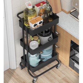 Sooyee 3 Tier Utility Cart,Rolling Cart with Handle and Lockable Wheels, Multi-Functional Storage Cart for Office, School,Living Room, Kitchen, Bathroom, Bedroom,Laundry,Black