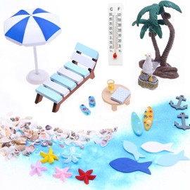21-Piece Beach Micro Landscape, Beach Decoration Miniature Set, Mini Deck Chair, Small Table Umbrella, Palm Tree Decoration, Summer Mini Shell, Miniature Decoration Accessories for DIY Garden,