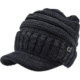 C.C Trendy Warm Oversized Chunky Soft Oversized Ribbed Slouchy Knit Hat with Visor Brim (Black/Charcoal)