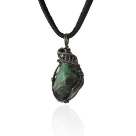 Valor 835 Raw Men’s Emerald Pendant in Antiqued Sterling Silver with 24 inch Black Leather Necklace - May Birthstone