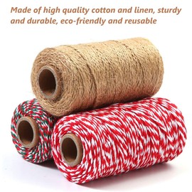 KAHEIGN 3 x Christmas Yarn, Christmas Jute String and Cotton Cord, 100 m Red, White, Green, Craft Cord for Gift Wrapping and Christmas Crafts