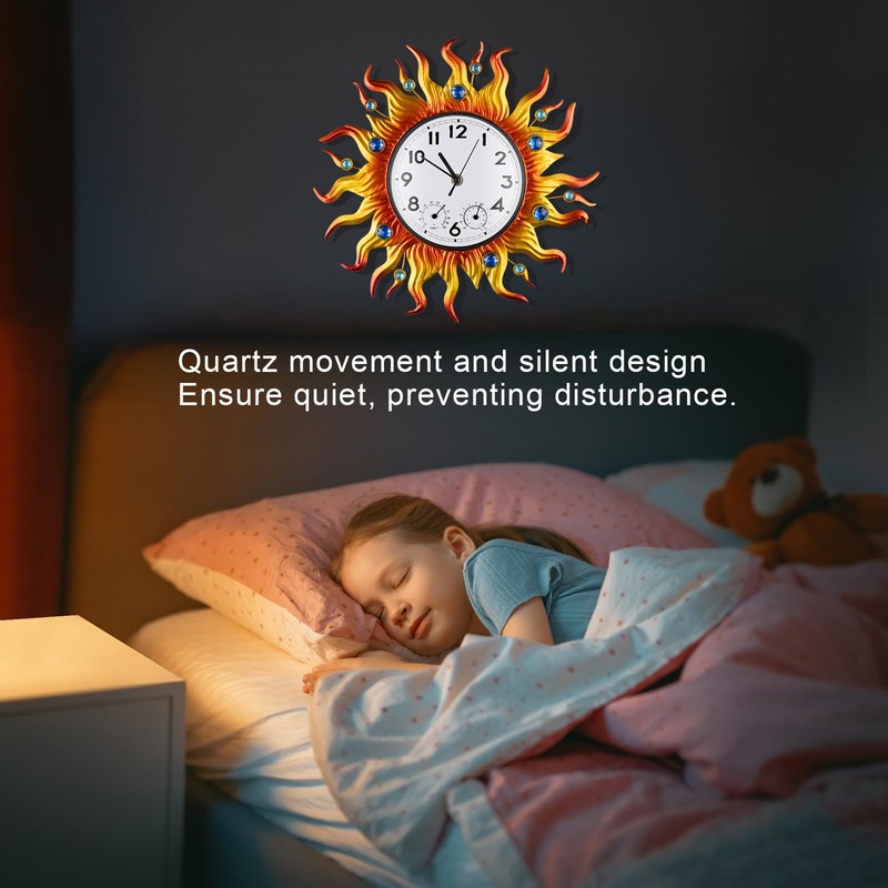 Outdoor Clock Thermometer Combo, Sun Outdoor Wall Clock, Silent Non-Ticking