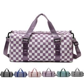 Checkered Sports Duffel Bags for Women/Men, Gym Bag with Shoes Compartment & Wet Pocket, Dance Bag for Girls, Overnight Bag Weekend Travel Bag (purple)