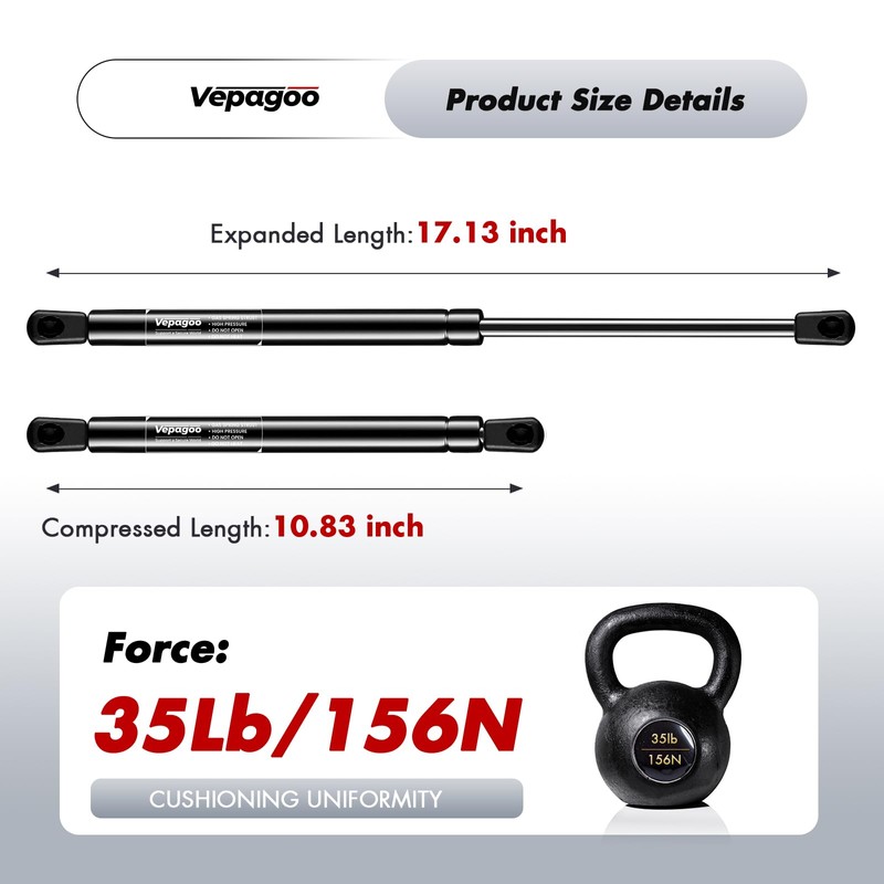 Vepagoo C16-02648 17 inch 35Lbs/156N Gas Shocks Struts for Leer