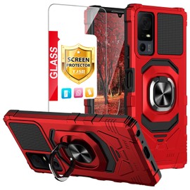 TJS Case for TCL 40 XL & T608DL, Lively Jitterbug Smart4 - Tempered Glass Screen Protector, Metal Ring Kickstand Heavy Duty Drop Protector (Red)
