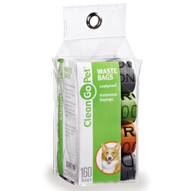 Clean Go Pet Humor Dog Waste Bags, 8 Perforated Rolls of 20 Leakproof Bags per Roll - Assorted Solid Colors and Humorous Prints
