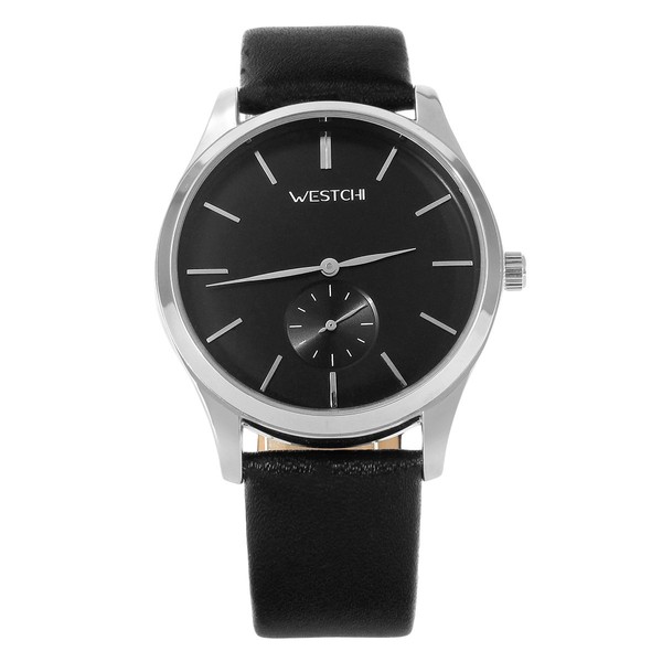 WESTCHI Men's Fashion Casual Genuine Leather Strap Waterproof Quartz Watch-Black