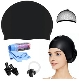 Large Silicone Swim Cap with Quick-Dry Towel,Hair Net,Nose Clip & Ear Plugs,Unisex Durable Waterproof Adult Swim Cap for Thick,Curly Hair & Dreadlocks,Keeps Hair Dry