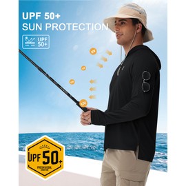 Runhit Mens Fishing Shirts Long Sleeve UPF 50+ Sun Protection Hoodie Lightweight Quick Dry Outdoor Rash Guard Black XL