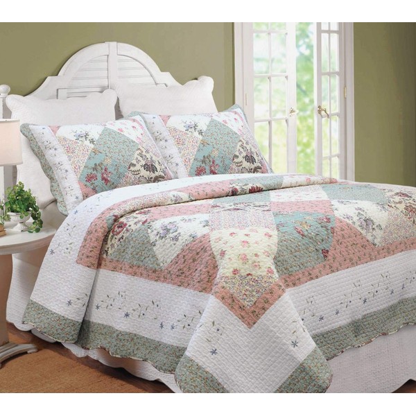 Cozy Line Home Fashions Floral Real Patchwork Green Peach Scalloped