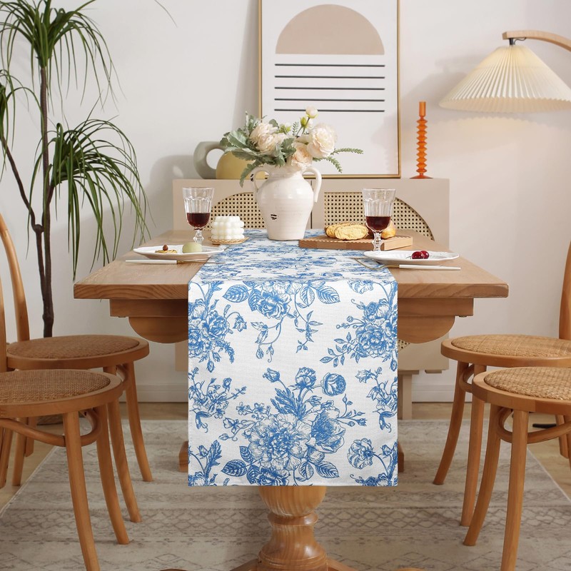 Dremisland Blue Table Runner Farmhouse 55 Inch Retro Monochrome Sketch