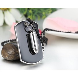 JewelryWe Free Engraving Army Style Mens Bullet Dog Tag Pendant Necklace with 27.5 Inch Chain, Black Silver (with Gift Bag)