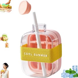 2025 New Ice Cube Bottle 500ML & 800ML – 2-in-1 Ice Tray & Water Bottle with Straw, Lid & Webbing | Leakproof, BPA-Free, Touch-Free Ice Release | For Travel, Juice & Outdoors (PINK, 500ml / 17oz)