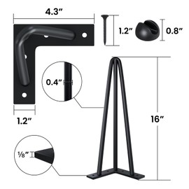 SPACEEUP 16" Hairpin Table Legs, 4PCS Coffee Desk Legs with Rubber Floor Protectors, 880lbs Load Capacity, Heavy Duty Black Metal Furniture Legs 3 Rods for DIY Bench Desk Dining End Table Chairs