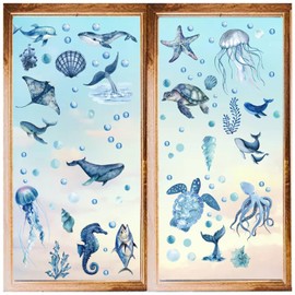 CRASPIRE 8 Styles Ocean Wall Stickers Sea Animals Turtle Jellyfish Window Stickers Decals Blue PVC Waterproof Self Adhesive Wall Cling for Home Decor Bedroom Living Room Kitchen Showcase Bathroom Gift