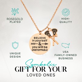 Sportybella Lacrosse Necklace – Rose Gold Inspirational Pendant with Crossed Sticks Charm – “Believe in Yourself” Jewelry Gift for Female Players, Teams, Coaches – 17" Chain with 2" Extender