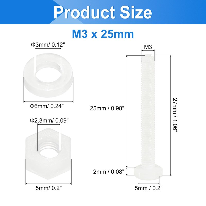 sourcing map 150 Pcs/50 Sets Nylon Hex Bolts, M3 x