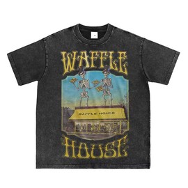 Bellelement Waffle House Vintage Acid Wash T-Shirt Hip Hop Tee Tops, L Black