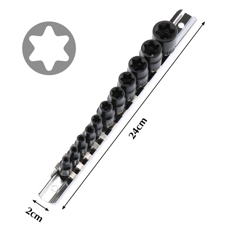 EMENTOL 11PCS E-Torx Socket Set with Rail, CR-V, 1/4" and