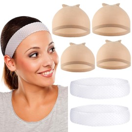 koskusder 2 Pcs White Silicone Wigs Grip Bands with 4 Pcs Beige Stocking Wig Caps for Human Hair Wig Stretchy Nylon Mesh Dome Caps for Wigs and Silicone Wig Bands Non Slip
